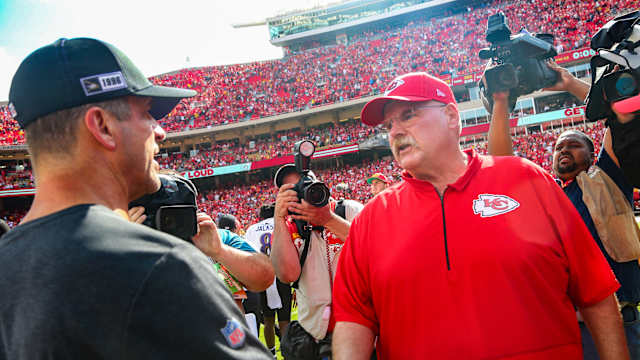 Sep 22, 2019; Kansas City, MO, USA; Kansas City Chiefs head coach Andy Reid talks with Baltimore Ravens head coach John Harbaugh after the game at Arrowhead Stadium. Mandatory Credit: Jay Biggerstaff-USA TODAY Sports